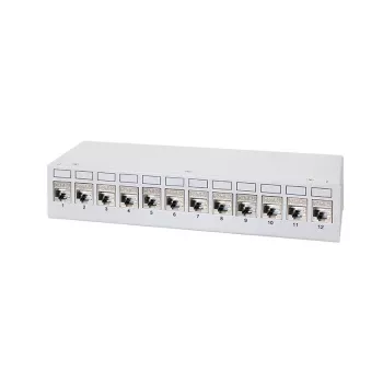Patch panel de birou LogiLink NK4093 Cat.6A, 12 porturi, gri deschis (RAL 7035), ecranat, oțel fără șuruburi