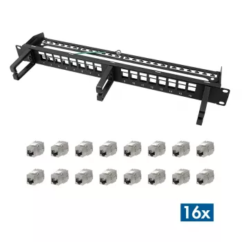 Patch panel modular LOGILINK 16 porturi Cat.6A Keystone, 19/1U, cu 3 inele de cablu, negru