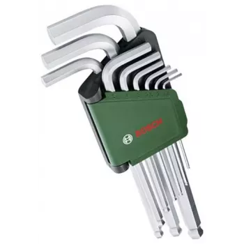 Set chei imbus BOSCH de 9 piese cu chei L codificate color, cap sferic și funcție de reținere, metric 1,5-10 mm, finisaj BlackLaser, suport cu clemă