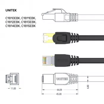 Cablu patch Ethernet UNITEK Cat.7 S/FTP 2,0m, 10Gbps, 600MHz, conectori RJ45 aurii, negru