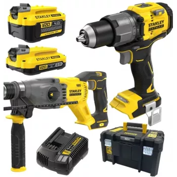 Set STANLEY V20 18V cu mașină de găurit și înșurubat cu percuție și șurubelniță cu impact, cu acumulatori 4.0Ah și 2.0Ah