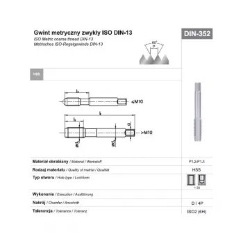 TAP M24 NGMM/1 DIN-352D (6H) HSS Tarod manual metric gros, M24 x 3 mm, 4 tăișuri, dreapta, finisaj lustruit