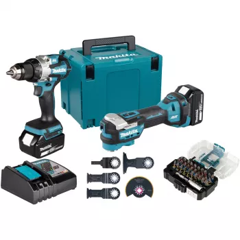 Set Makita DLX2592JX1 18V LXT fără perii cu 2 piese, cu mașină de găurit și înșurubat cu percuție, șurubelniță cu impact, 2x acumulatori 5,0Ah, încărcător rapid și valiză Makpac