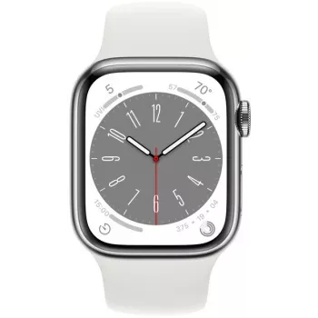 Apple Watch Series 8 GPS + Cellular 41mm Stainless Steel Case with Sport Band, silver/white (MNJ53EL/A)