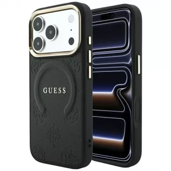 Husă MagSafe GUESS Saffiano Peony & Ring pentru iPhone 18 Pro / 17 Pro - Negru