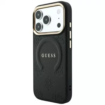 Husă MagSafe GUESS Saffiano Peony & Ring pentru iPhone 18 Pro / 17 Pro - Negru