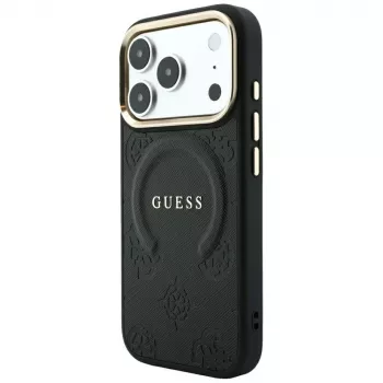 Husă MagSafe Guess Saffiano Peony & Ring pentru iPhone 18 Pro Max / 17 Pro Max - Negru