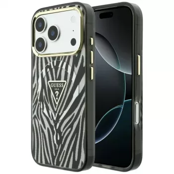 Husă MagSafe Guess IML Zebra Glitter Triangle Logo pentru iPhone 18 Pro / 17 Pro - Argintiu