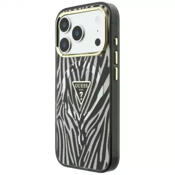 Husă MagSafe Guess IML Zebra Glitter Triangle Logo pentru iPhone 18 Pro / 17 Pro - Argintiu