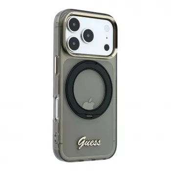 Husă MagSafe Guess IML Ring Stand 360 Script Metal Logo pentru iPhone 17 Pro / 18 Pro - neagră