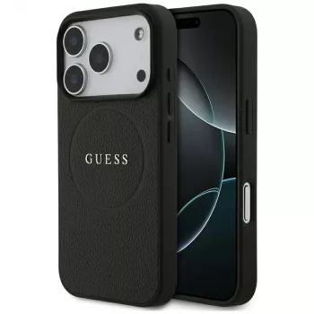 Husă MagSafe Guess Grained Gold Ring pentru Apple iPhone 17 Pro / 18 Pro, neagră