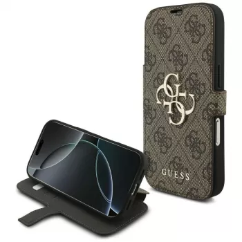 Husă tip carte Guess Book 4G Metal Logo pentru Apple iPhone 18 Pro / 17 Pro – Maro