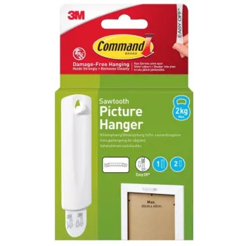 Cârlig de perete 3M Command pentru tablouri cu dinți de ferăstrău, 1 cârlig + 2 benzi, alb (7100336642)
