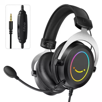 FIFINE H3 AmpliGame RGB Wired Over-Ear Gaming Headset with Detachable Microphone, 50mm Drivers, USB-A, Black