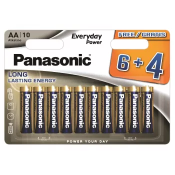 Baterii alcaline Panasonic Everyday Power AA LR6, pachet de 10 (6+4 gratuit) - 1,5V, durată de păstrare 10 ani, Triple Tough Coating