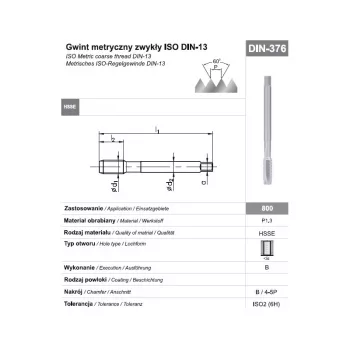 M16 DIN 376B (6H) HSSE 800 Machine Tap for Through Holes