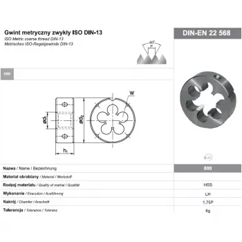 NO NAME FANAR DIE M16 LEFT THREAD filieră rotundă, HSS, DIN 223, 6g, metric M16 x 2,0 mm, stânga