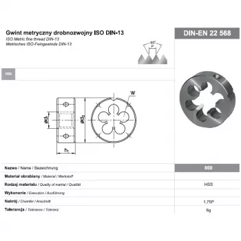 Filieră rotundă M16x1 DIN-22568 (6g) HSS 800