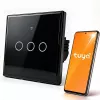 Întrerupător inteligent tactil Qoltec 52713 cu 3 circuite Wi-Fi timer Tuya Smart Life sticlă călită negru