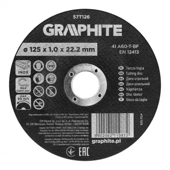 Disc de tăiere corindon GRAPHITE 125 x 1,0 x 22,2 mm pentru metal și oțel inoxidabil, 41 A60-T-BF, 110 buc. în cutie