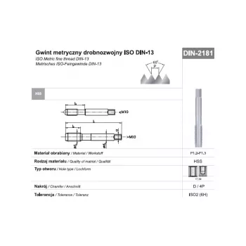 M20 x 1,5 Tarod mașină pentru filet fin metric, DIN 2181, toleranță 6H, HSS, finisaj lustruit