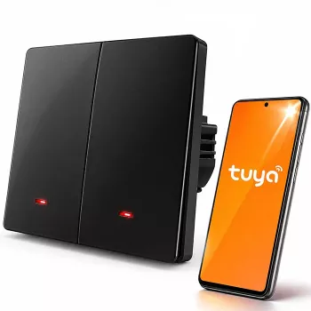 Întrerupător de lumină inteligent Wi-Fi cu 2 canale Qoltec 52708 cu timer, Tuya Smart Life, Negru