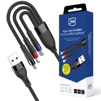 Cablu 3mk Hyper Cable N-SERIES 3 în 1 USB-A la USB-C/Lightning/MicroUSB 1,2 m 9 V/2 A 18 W negru