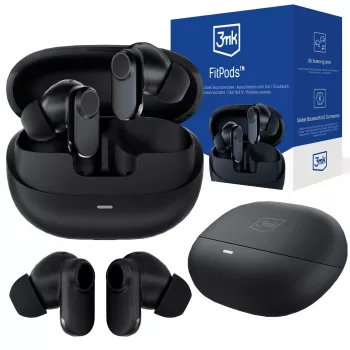 Căști true wireless stereo 3mk FitPods BT 6.0 cu carcasă de încărcare, Bluetooth 6.0, control tactil, IPX4, negre