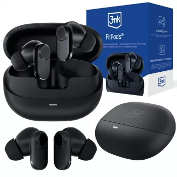 Căști true wireless stereo 3mk FitPods BT 6.0 cu carcasă de încărcare, Bluetooth 6.0, control tactil, IPX4, negre