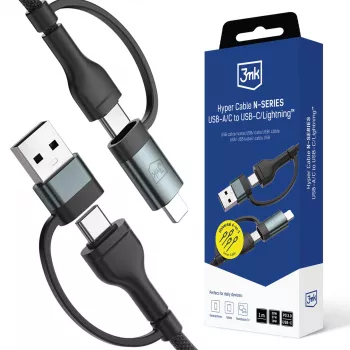 Cablu 3mk Hyper Cable N-SERIES USB-A/USB-C la USB-C/Lightning 1,2 m 9 V/2 A 60 W negru