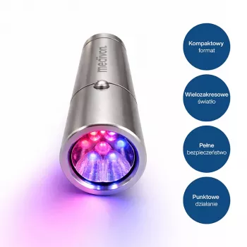 Lampă compactă de fototerapie LED MEDIVON Lumix, 5 lungimi de undă 460–900 nm, temporizator 5 minute, baterie Li-ion, argintie