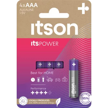 ITSON LR03IPO/4CP Alkaline AAA Batteries, 1.5 V, 4-Pack Blister