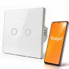 Întrerupător inteligent tactil cu 2 canale Qoltec Wi-Fi Tuya Smart Life din sticlă călită alb