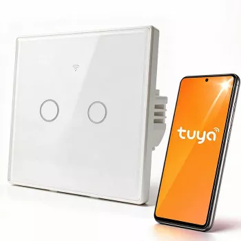 Întrerupător inteligent tactil cu 2 canale Qoltec Wi-Fi Tuya Smart Life din sticlă călită alb