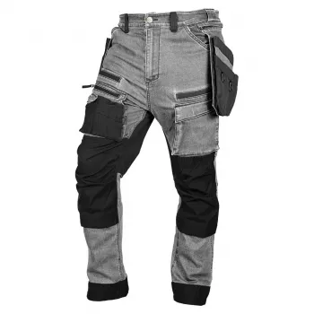 NEO TOOLS Denim Work Trousers with Cordura Reinforcements and Detachable Holster Pockets, Grey, Size XL