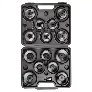 Set de chei tubulare pentru filtru de ulei NEO TOOLS 16 piese (65-100 mm, antrenare 3/8 inch, tip cupă, canelură multiplă, oțel, valiză din plastic)