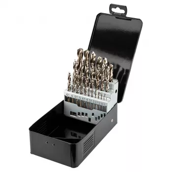 Set de 25 burghie pentru metal HSS-Co cobalt NEO TOOLS, 1,0–13,0 mm, complet rectificate, vârf 135°, DIN 338, cutie metalică
