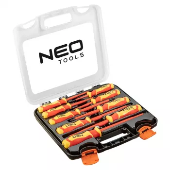 Set de 9 șurubelnițe izolate 1000V NEO TOOLS 04-142, certificat VDE, plat, Phillips, Pozidriv, tester de tensiune, mânere ergonomice bimaterial, vârfuri magnetice
