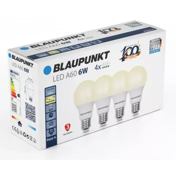 Lampă LED Blaupunkt E27 A60 570 lm 6W 2700K, 4 buc. (BLAUPUNKT-E27-6W-WW-4)