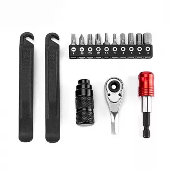 Set de reparații de urgență pentru bicicletă ROCKBROS cu multitool 16 în 1, mini pompă, leviere pentru anvelope, petice, negru