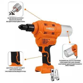 NEO TOOLS 18V E+ Cordless Rivet Gun (Body Only) - Brushless Motor, 10 kN Pulling Force, Tool-Free Nosepiece Change, LED Light, Mandrel Collector