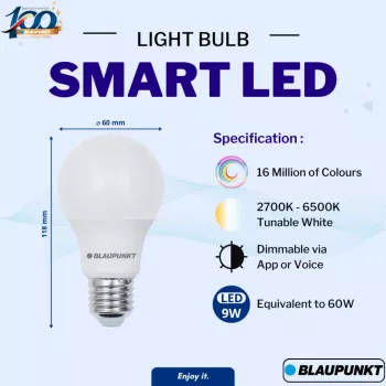 Bec LED inteligent Blaupunkt E27 9W A60 – alb reglabil și RGB, Wi-Fi, Alexa/Google Assistant