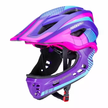 Cască de bicicletă convertibilă pentru copii Rockbros TT-32SBPP-S cu apărătoare de bărbie detașabilă, violet-roz, mărimea S (48-53 cm)