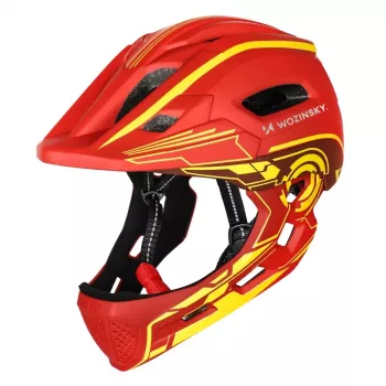 Wozinsky Full-Face Kids Bike Helmet with USB Rear Light, Red-Yellow, 52-56 cm