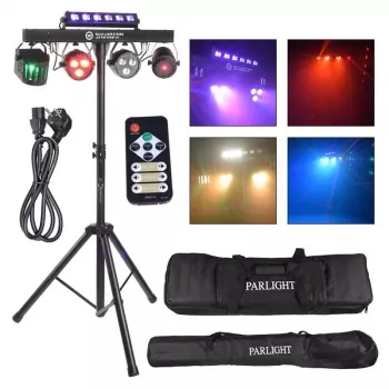 Lumină de scenă multi-efect 4-în-1 LIGHT4ME BEAM LASER STROBE LED PAR DERBY UV I cu laser roșu/verde, UV și control DMX