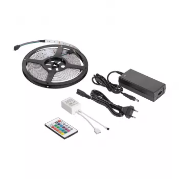 REBEL LED0175-2 Kit bandă LED RGB 5m cu telecomandă IR, 300 LED-uri SMD 5050, adaptor de alimentare 12V, 16 milioane de culori, dimabil, IP20