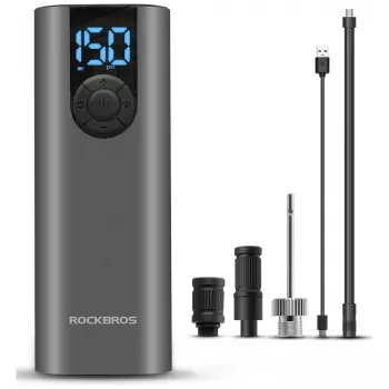 ROCKBROS Pompă electrică pentru bicicletă cu afișaj LED, încărcare USB-C, 150 PSI, Presta/Schrader/Dunlop, negru