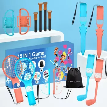 HURTEL Family Accessories Pack 15 in 1 for Nintendo Switch 2 Console - Orange and Blue Set