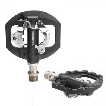 Pedale bicicletă hibrid Rockbros M108 – Nylon compozit, SPD și platformă plată pe ambele fețe, Negru