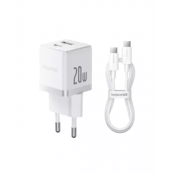 Încărcător de perete Baseus Palm 20W, 1x USB-A + 1x USB-C, QC3.0/PD3.0, cu cablu USB-C de 1 m, alb (P10111608213-01)